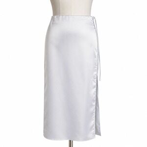 Emerson Lang Women's Satin Maxi Skirt L White Silver Side Slit Drawstring Tie...